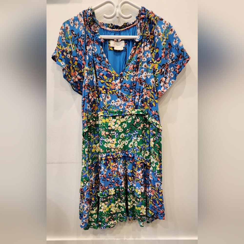Anthropologie Robin Tiered Mini Dress, Blue/Green Floral, Size US S